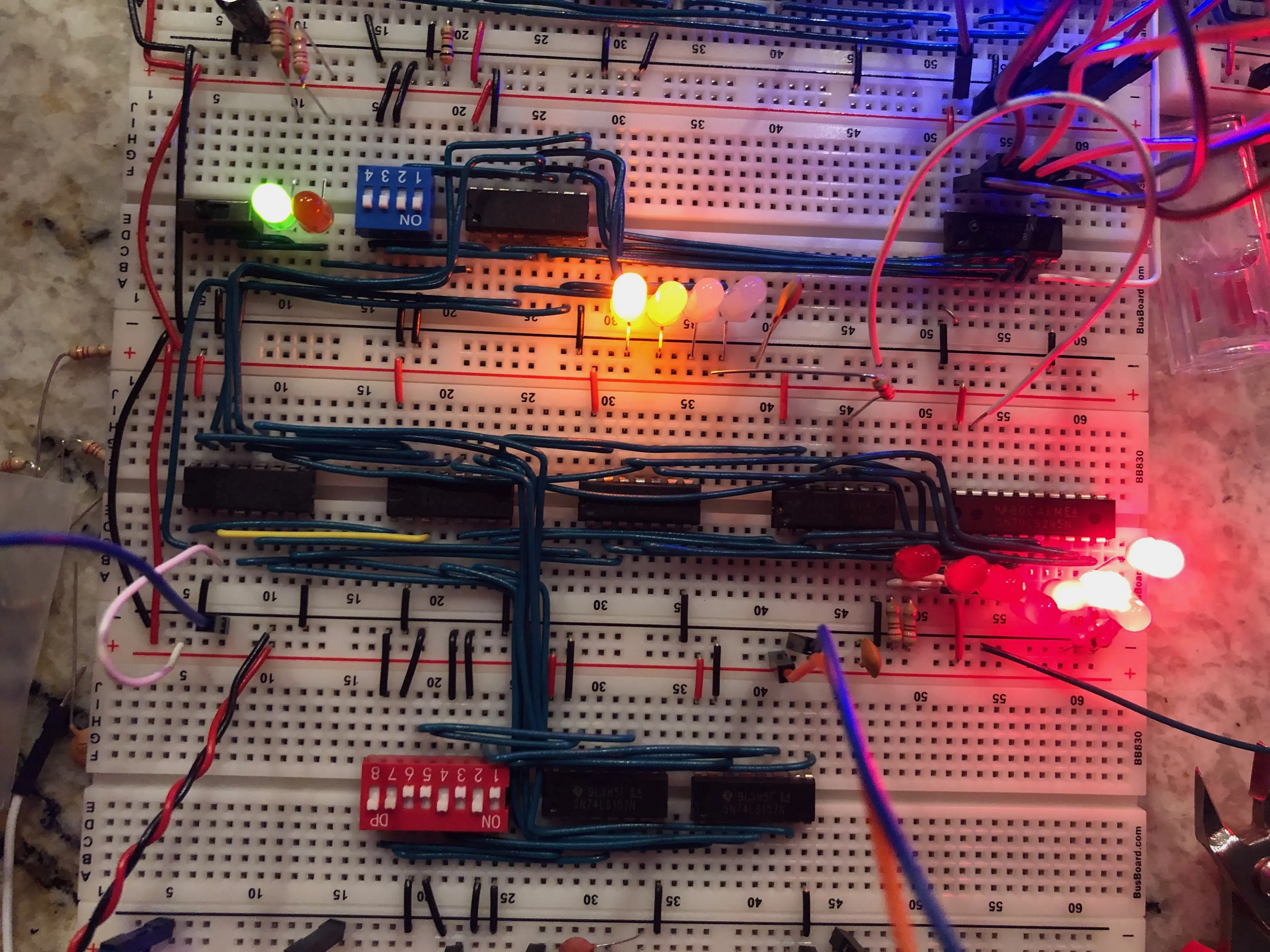 A section of the 8-bit breadboard computer Nicholas built